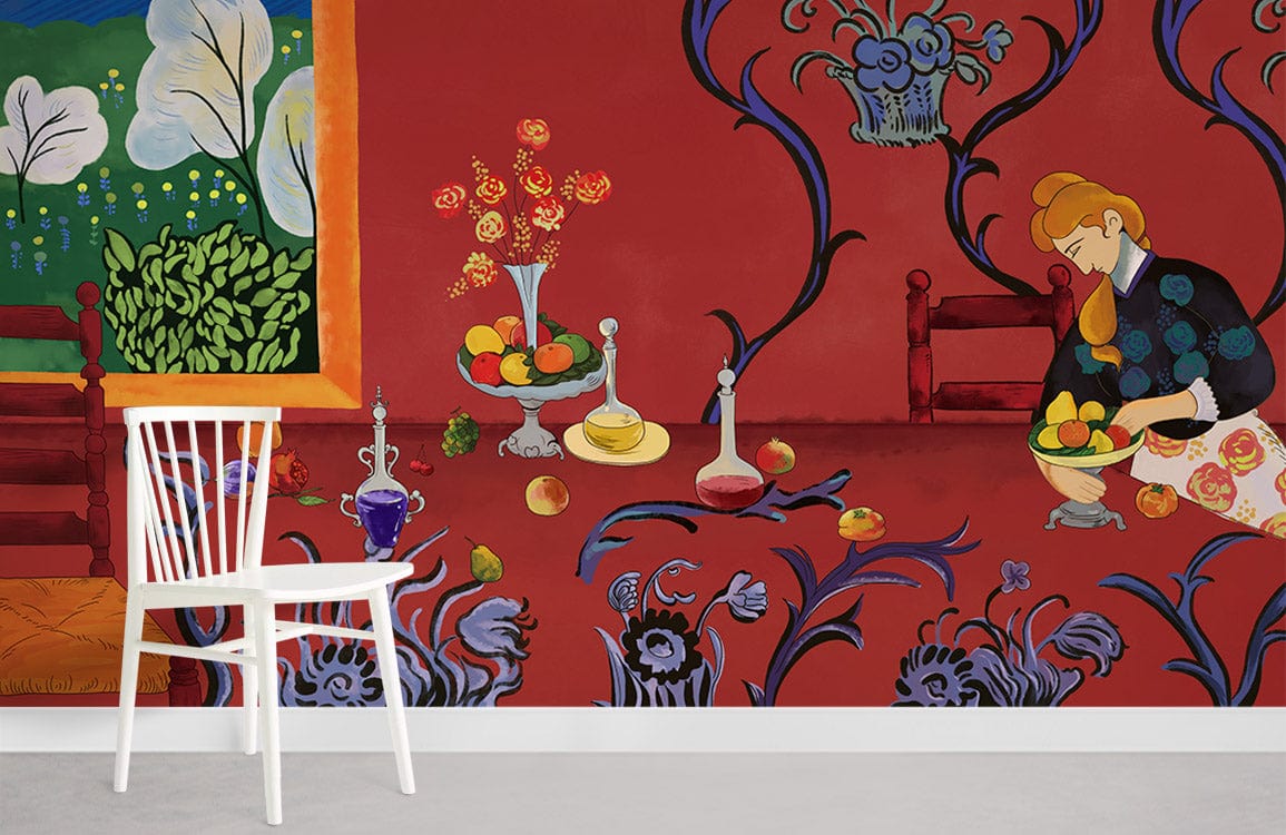 Rich Red Artistic Floral Mural Wallpaper with Blue Accents; white chair; grey flooring; vibrant decor.