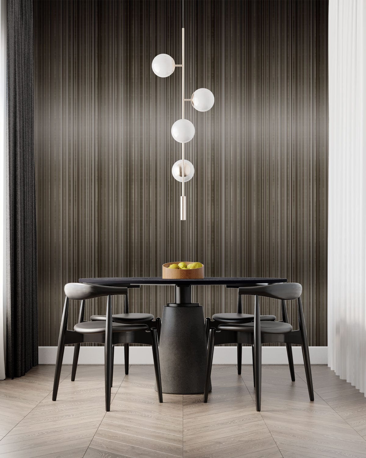 Elegant metallic bronze stripe wallpaper in dining room with black table, chairs, and chevron flooring.