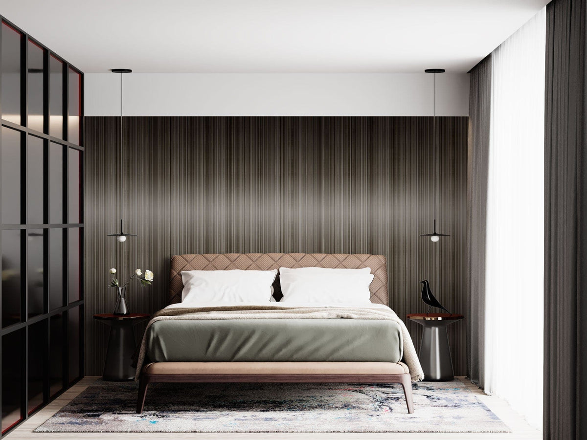 Elegant Metallic Bronze Stripe Wallpaper, modern bedroom design with upholstered bed, large rug, glass partition.