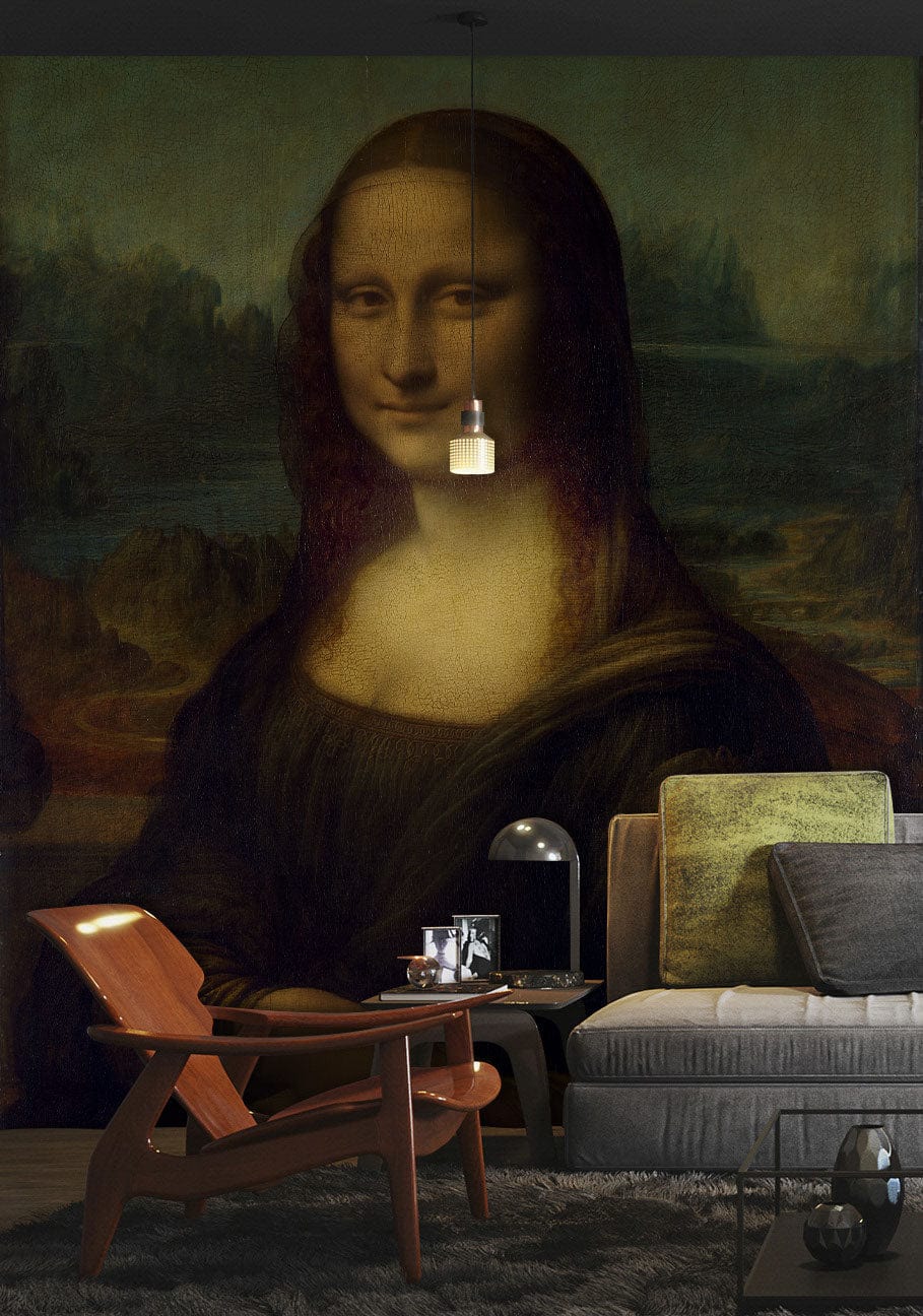 Classic Renaissance mural with Mona Lisa, grey sofa, earthy tones, and wooden chair in living room.