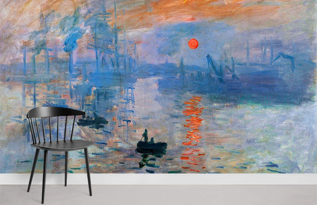Impressionist Sunrise mural featuring tranquil seascape with chair, enhancing room's serene ambiance.