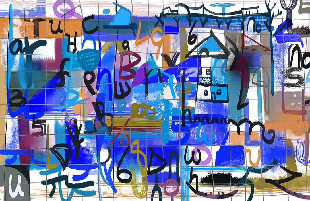 Contemporary Abstract Alphabet Blue-Orange Graffiti Mural Wallpaper for Modern Interiors