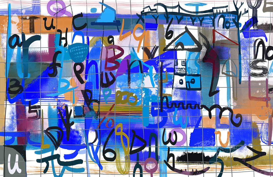 Contemporary Abstract Alphabet Blue-Orange Graffiti Mural Wallpaper for Modern Interiors