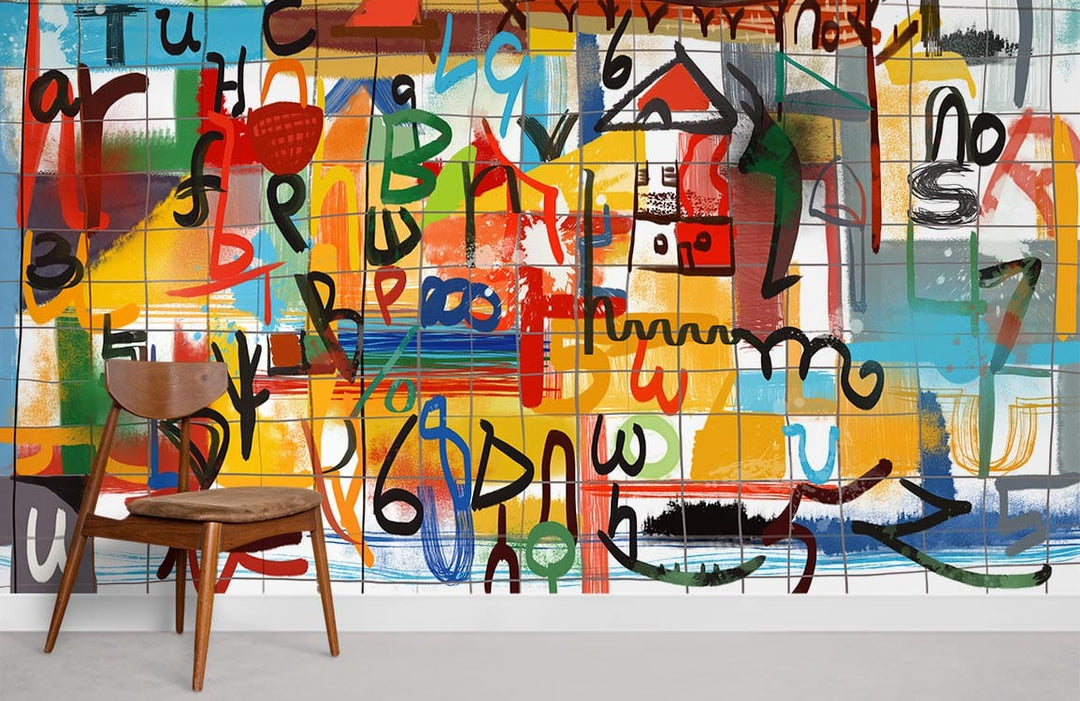 Vibrant Abstract Alphabet Wall Mural with wooden chair, colourful modern art in creative space.
