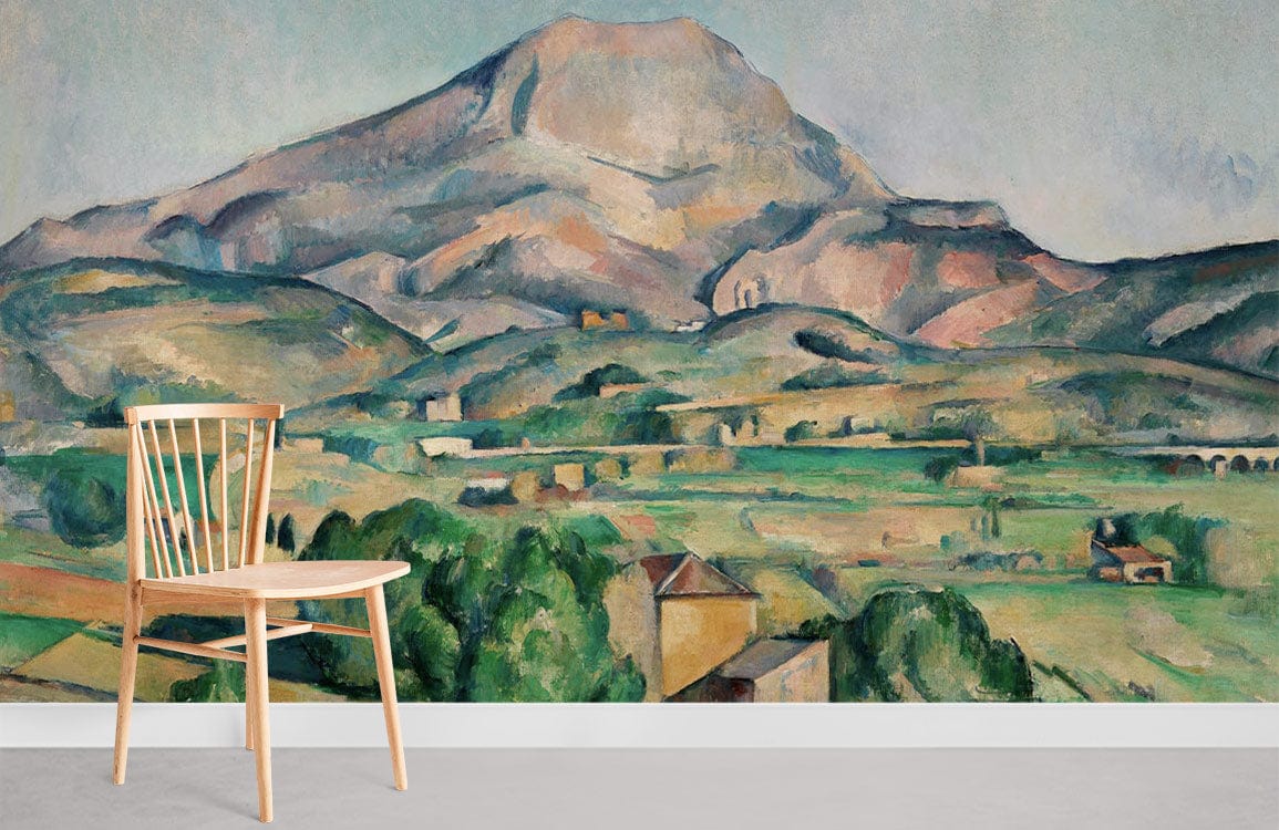 Impressionist mural wallpaper with serene mountain design in room with wooden chair and grey flooring.