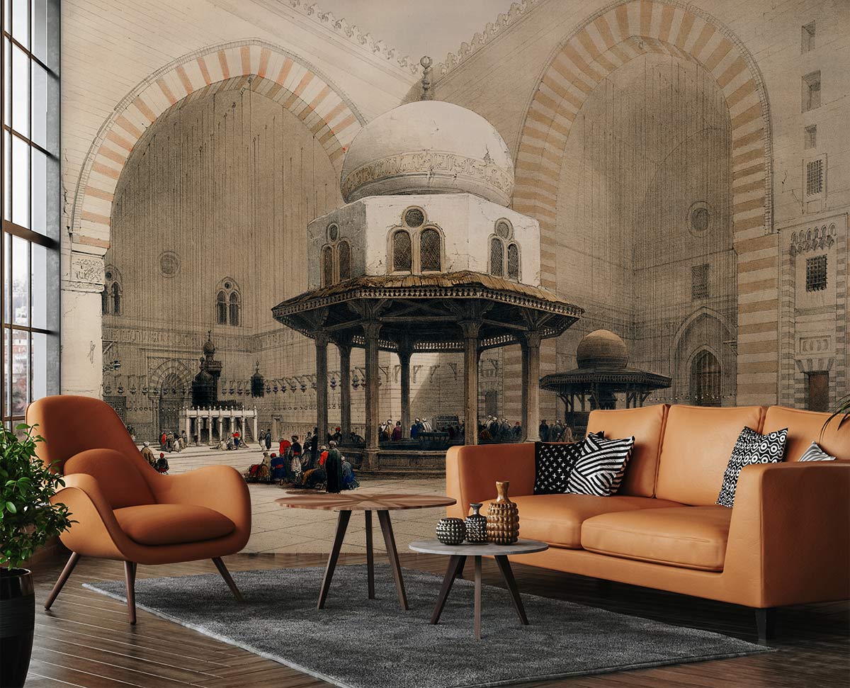 Sepia-tone mural wallpaper with elegant architecture, brown leather sofa, modern armchair, wooden flooring.