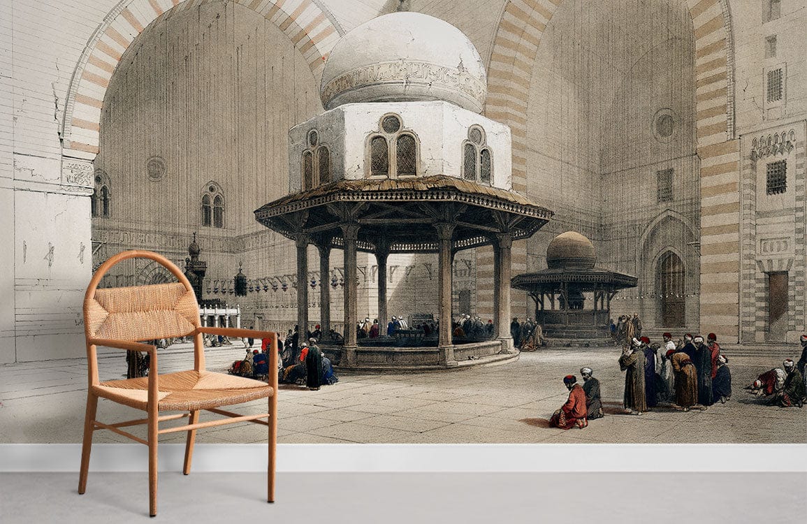 Sepia-toned historic architectural mural wallpaper with oriental elegance, featuring wooden chair and light flooring.