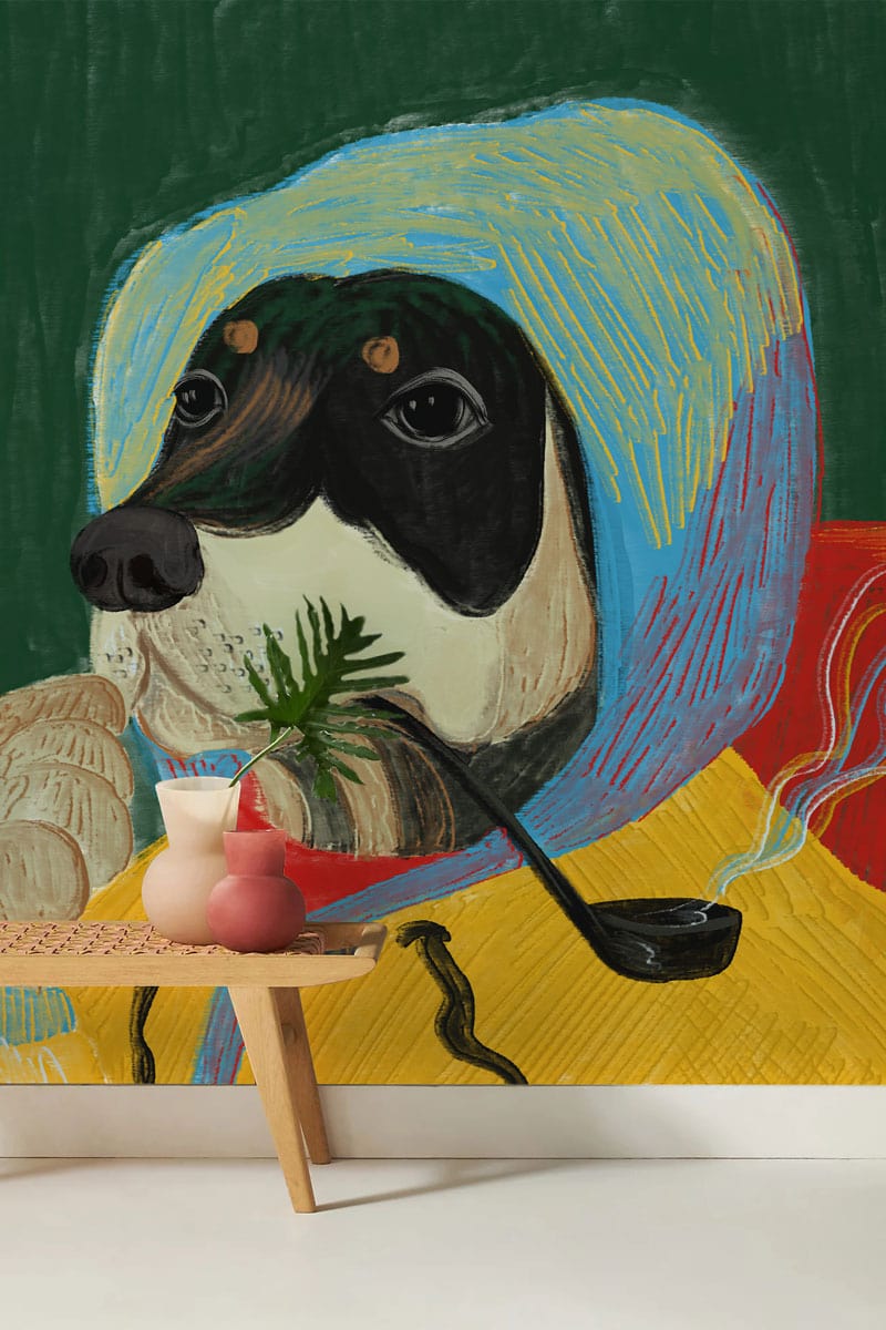 Retro-style dog wallpaper with pipes, bone motif, wood table, colourful vases, minimalist decor.