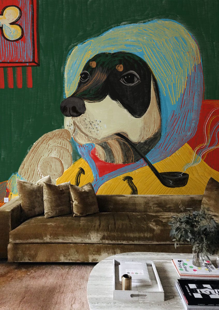 Colourful canine wallpaper with pipe, brown velvet sofa, wooden flooring, modern living room setting.