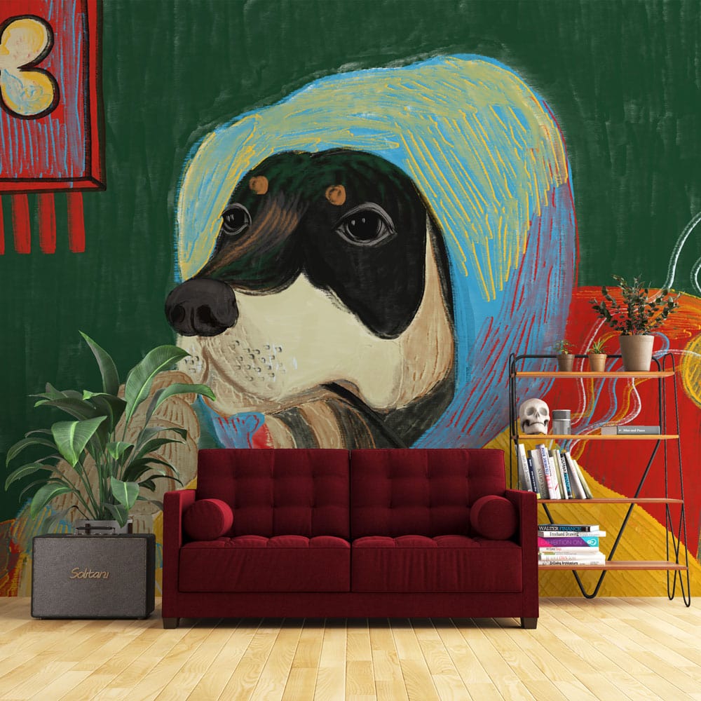 Retro-style dog wallpaper with pipe motif, red sofa, wooden flooring in living room setting.
