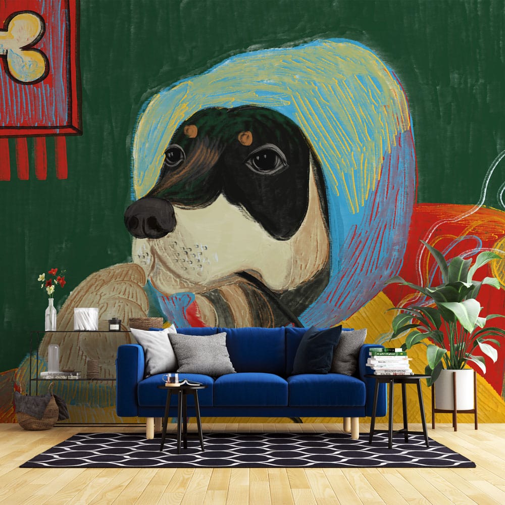Colourful canine wallpaper with pipe motif, blue retro sofa, geometric rug, and wooden flooring in lounge.