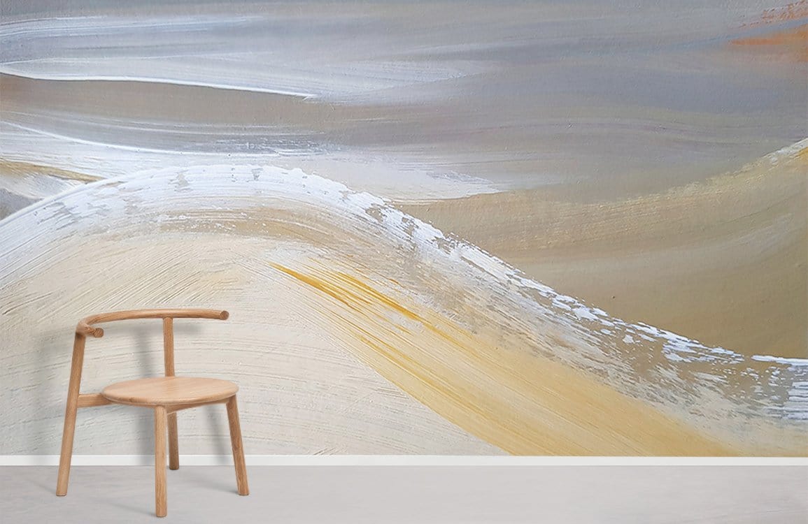 Elegant Sandy Dunes mural wallpaper, neutral tones, serene style with wooden chair, light flooring.