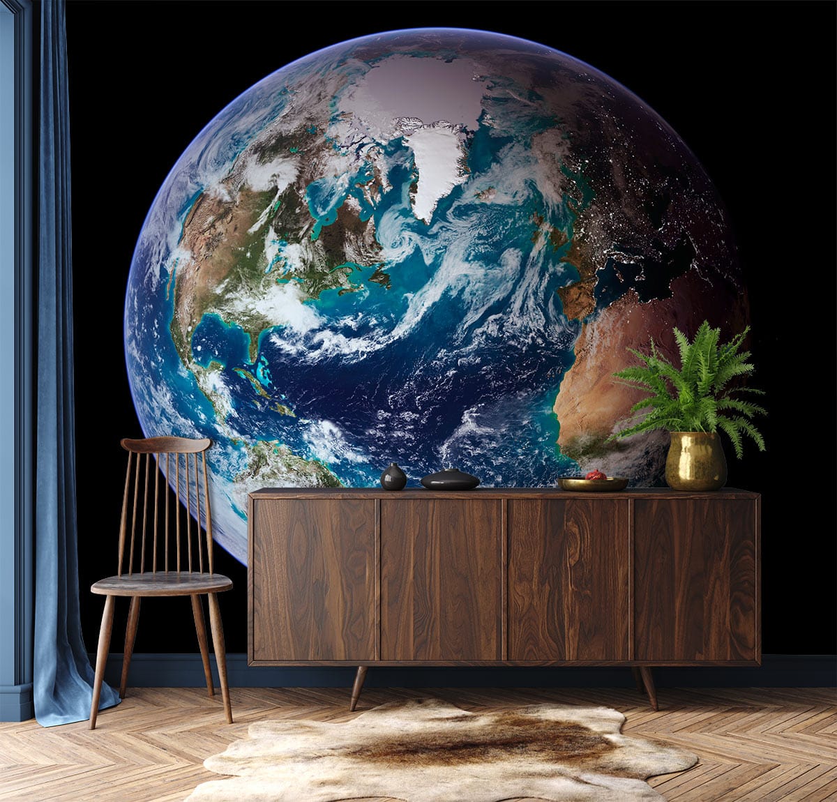 Stunning Earth View Mural Wallpaper featuring vibrant planet decor, wooden sideboard, and chair in living room.