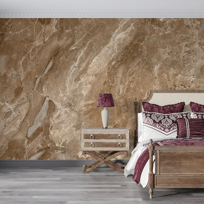 Elegant brown marble wallpaper in bedroom, wooden bed, grey flooring, bedside table with lamp.