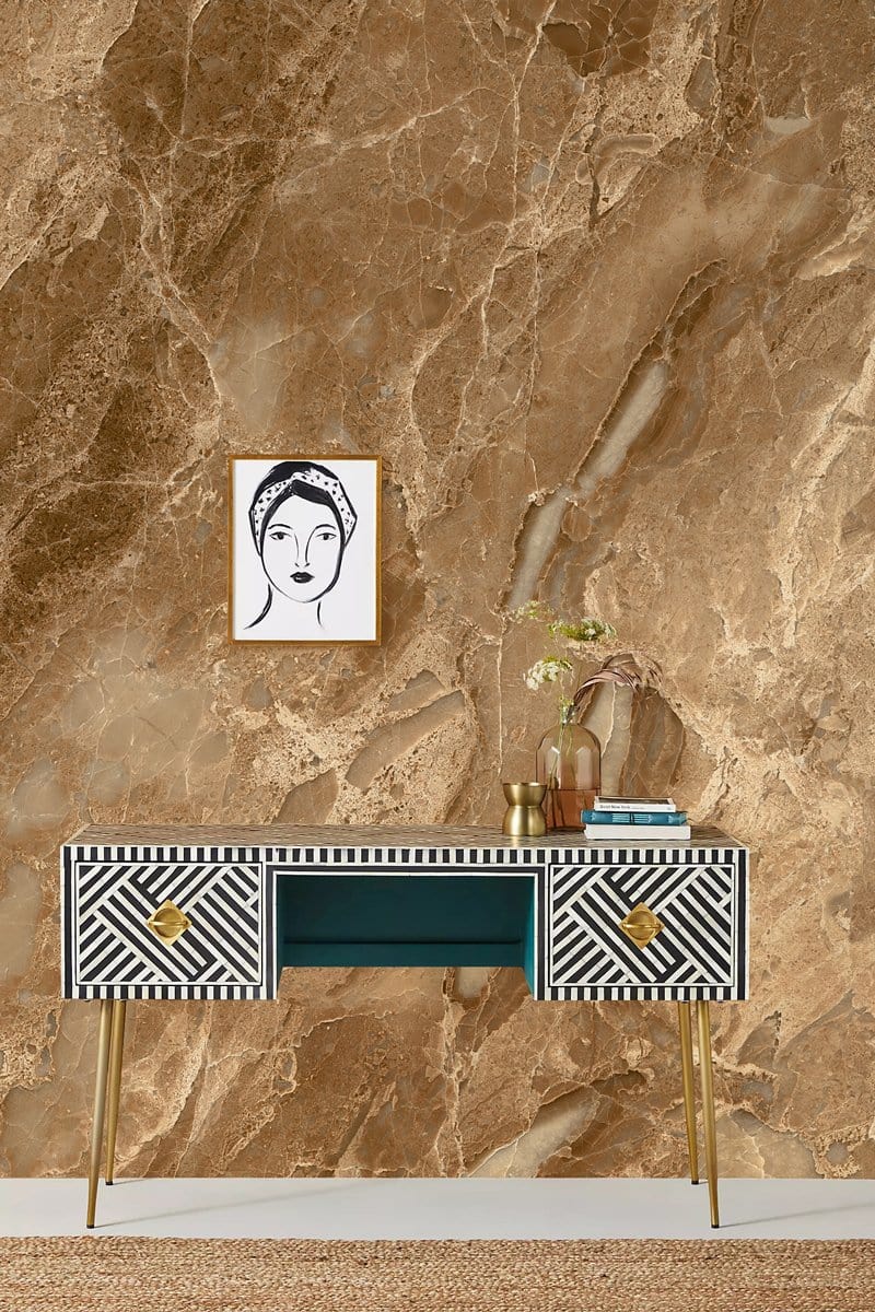 Elegant brown marble pattern wallpaper with art deco console, luxurious room decor with unique wall texture.