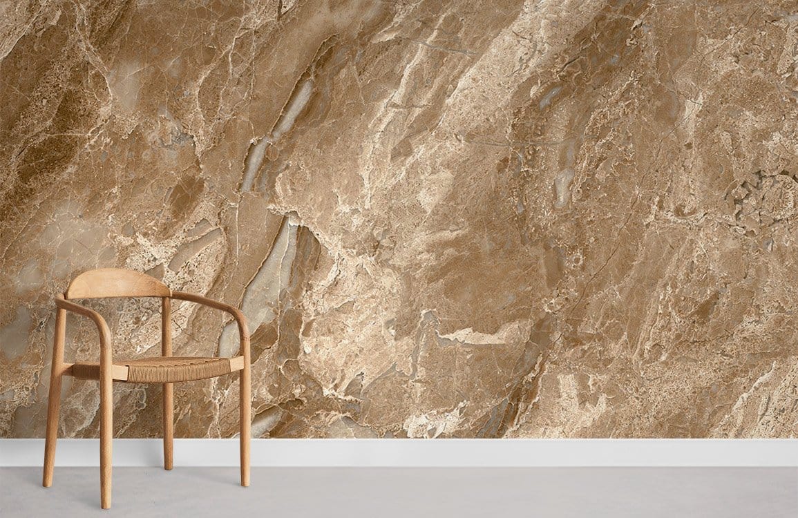 Elegant brown marble wallpaper in a minimalist room with wooden chair and concrete flooring.