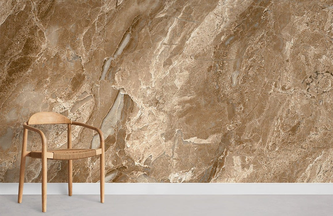 Elegant brown marble wallpaper in a minimalist room with wooden chair and concrete flooring.