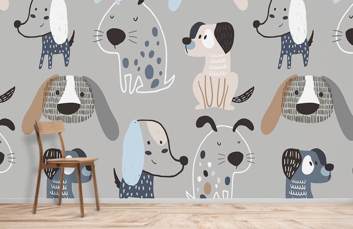 Whimsical dog wallpaper, grey background, wooden chair on light wood floor in playroom setting.