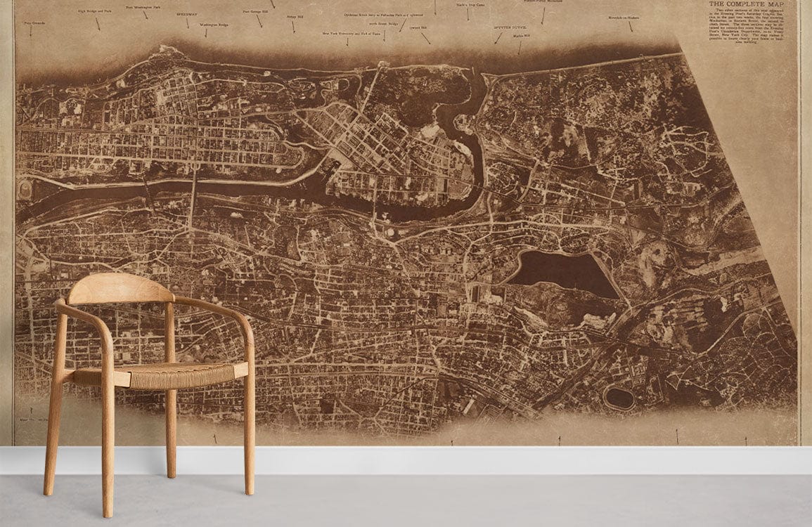 Vintage Sepia New York City Map Mural Wallpaper with Wooden Chair, Light Grey Flooring, Urban Design.