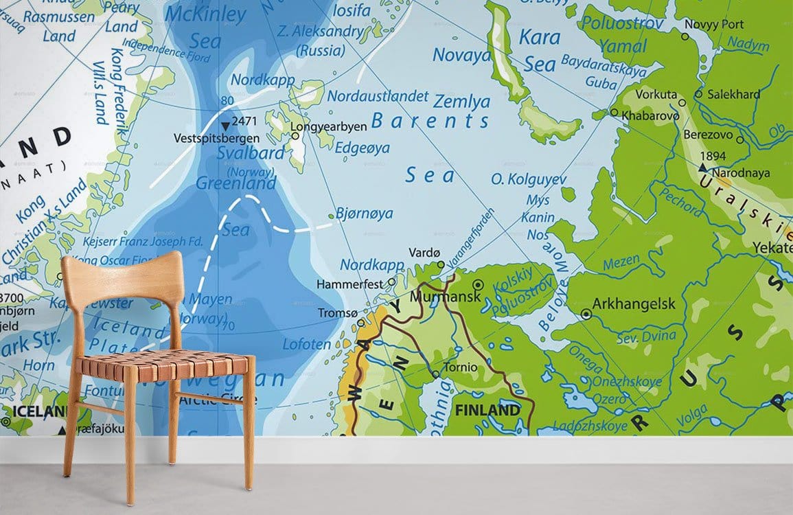 Vintage Nordic Map mural wallpaper in blue-green tones, wooden chair, white skirting, grey flooring.