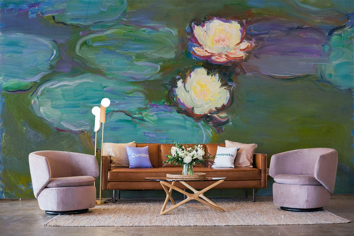 Impressionist Water Lilies Mural Wallpaper, serene green, brown sofa, modern chairs, neutral rug, living room.