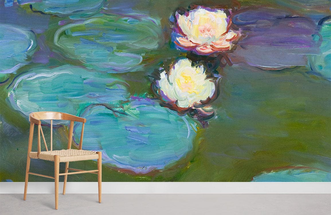 Impressionist Water Lilies mural wallpaper, serene pastels, wooden chair, minimalist style, concrete flooring.