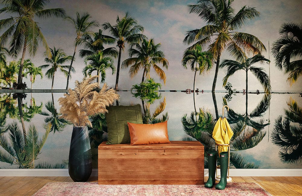 Tropical Palm Tree Reflection Mural Wallpaper, serene sky, wooden bench, hardwood floor, calming decor.