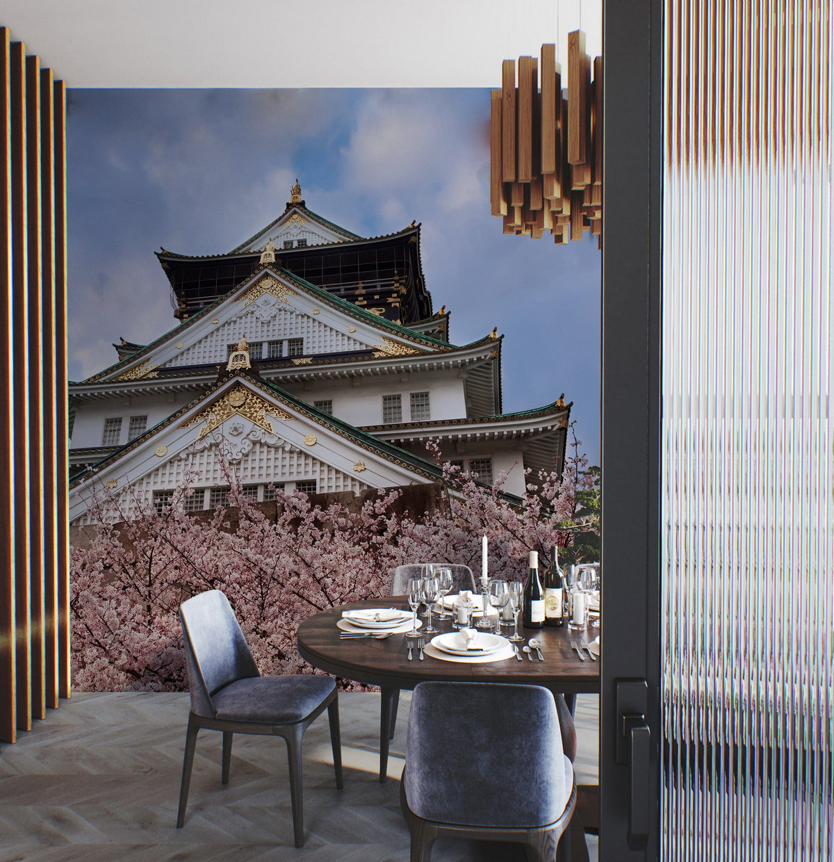 Japanese Cherry Blossom Mural Wallpaper in dining room with modern grey chairs, wooden flooring.