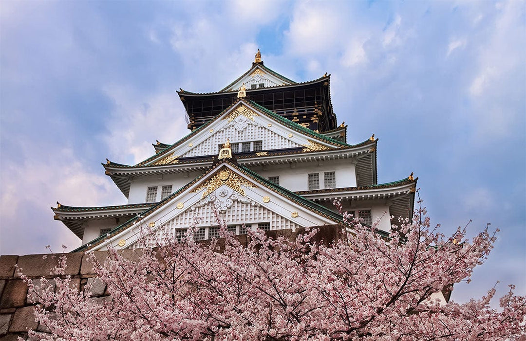 Japanese Cherry Blossom Castle Scene: Tranquil Pastel Mural Wallpaper.