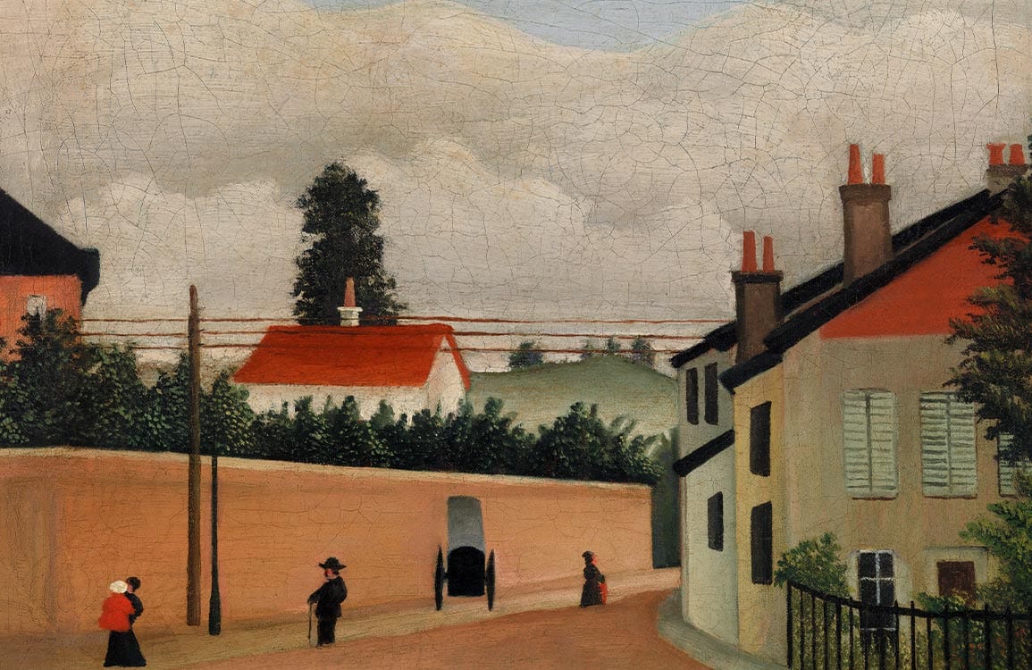 Vintage Village Scene Mural Wallpaper with Red and Earthy Tones Elegance
