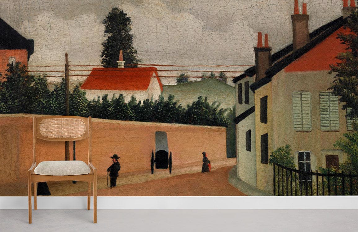 Vintage mural wallpaper in red, earthy tones, featuring a village scene, wooden chair, white flooring.