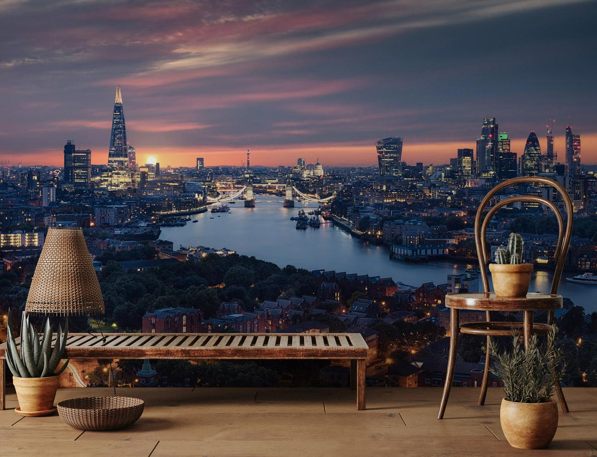 Stunning Nighttime London Skyline Mural Wallpaper, wooden bench, woven lamp, rustic chair, hardwood flooring.