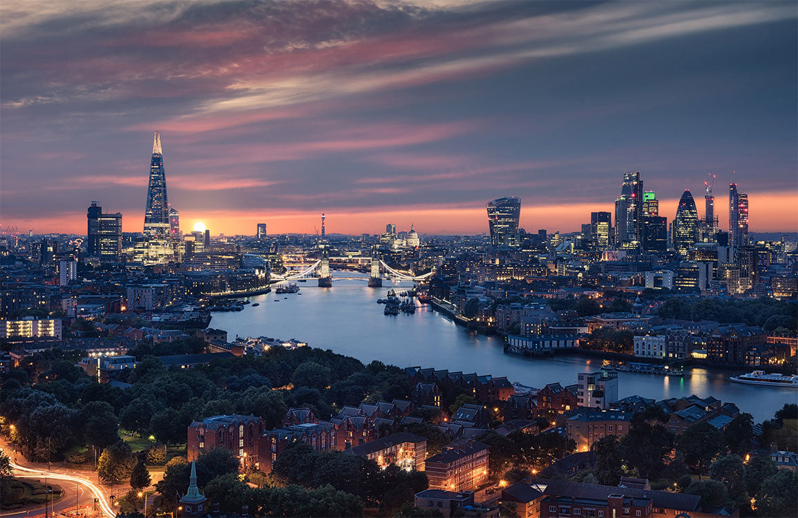 Stunning Nighttime London Skyline Mural Wallpaper with Vibrant Cityscape View
