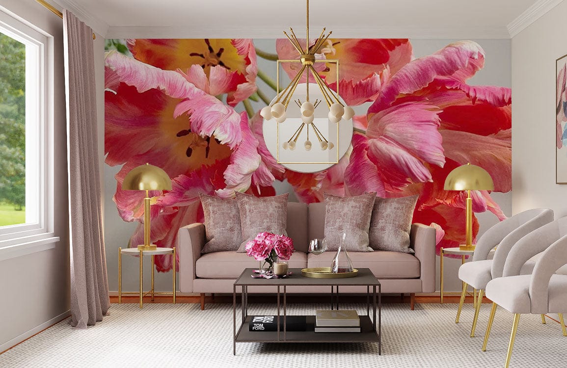 Vibrant pink tulip mural wallpaper in chic living room with beige sofa, modern lighting, elegant decor.