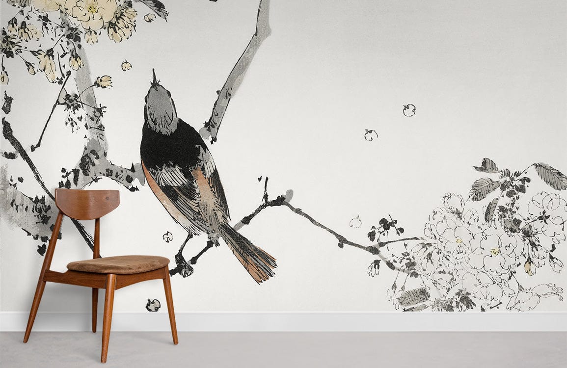Elegant Oriental Bird Floral Grey Watercolour Mural Wallpaper Art Design, wooden chair, minimalist room.