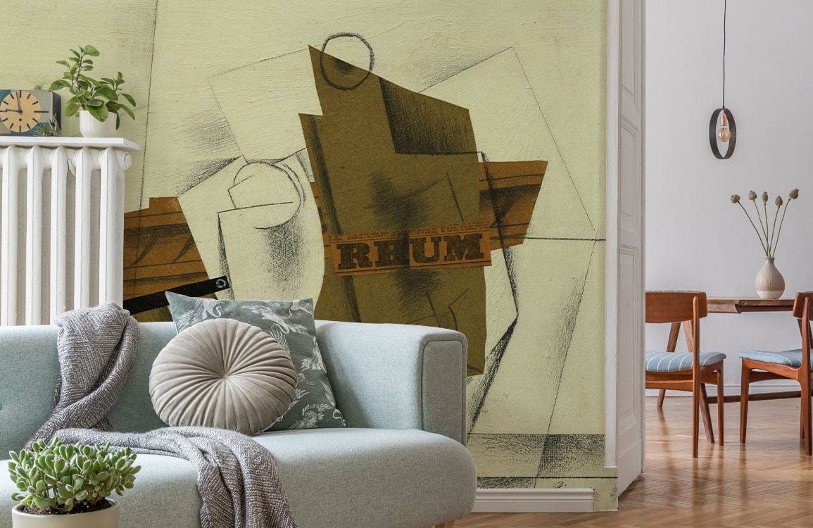 Cubist geometric wallpaper in living room with light grey sofa, wooden flooring, and minimalist decor.
