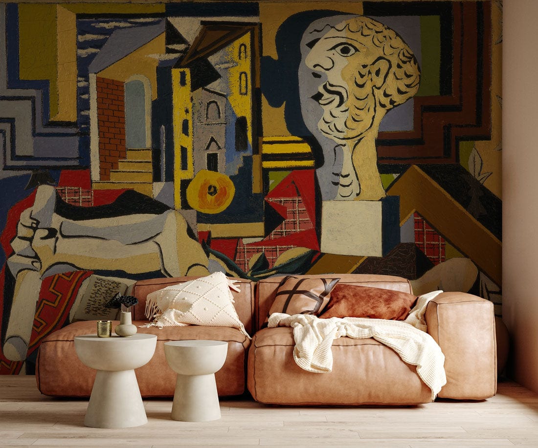 Abstract Cubist Art Wallpaper with vibrant geometric mural, beige sofa, wooden flooring, modern interior design.