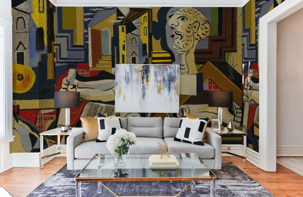Abstract Cubist Art Wallpaper in living room with grey sofa, glass coffee table, and modern decor.