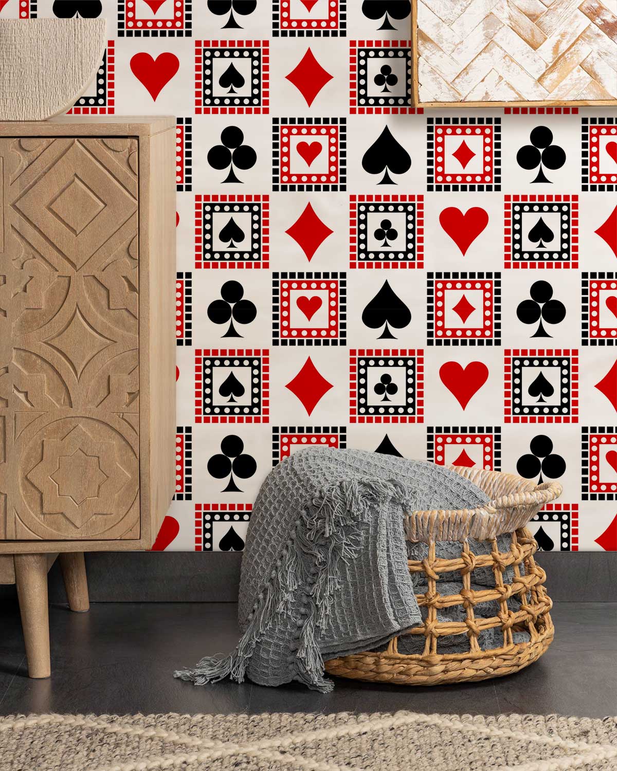 Red and black retro poker wallpaper, wooden cabinet, woven basket, eco-chic design in modern living room.