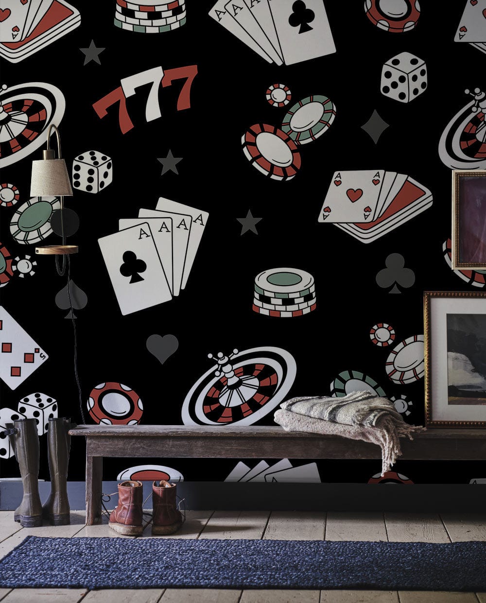 Black Casino Theme Wallpaper with playing cards, poker chips; rustic bench; tiled flooring; wall lamp.