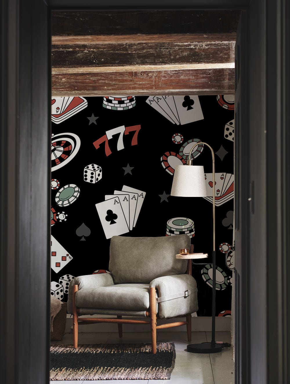 Black Casino Theme Wallpaper, grey armchair, wooden beams, floor lamp, concrete flooring, poker chips motif.