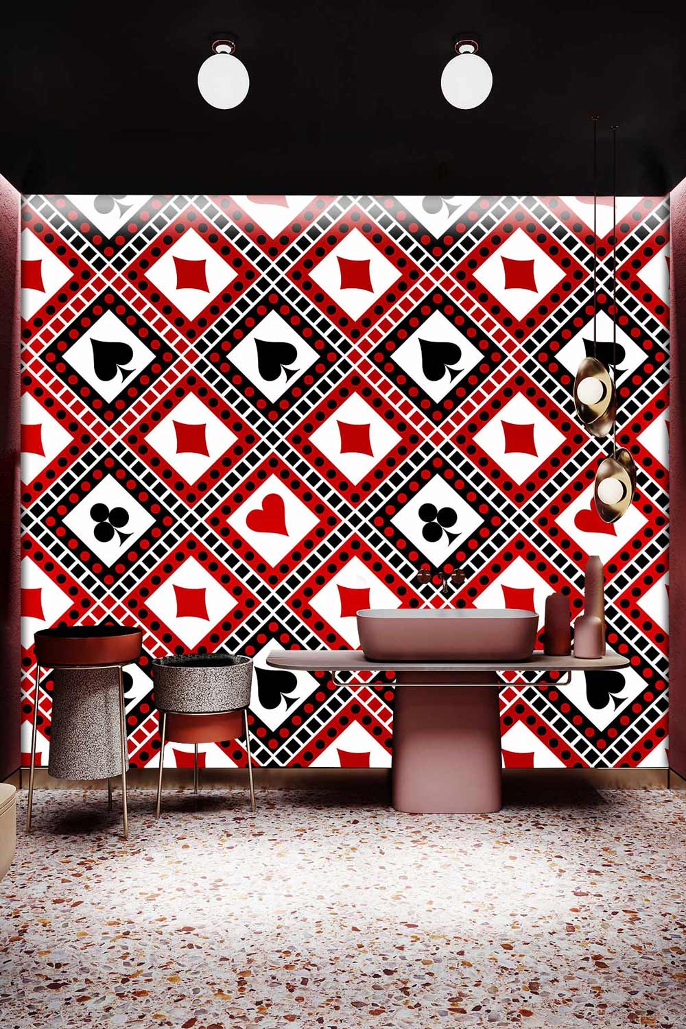 Vintage red and black geometric wallpaper with textured flooring, contemporary chairs, and pendant lighting.