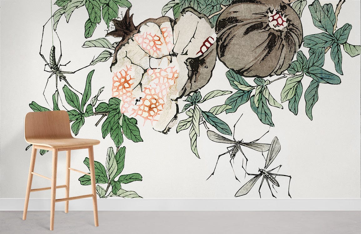 Botanical pomegranate wallpaper with insects; earthy tones; light wood barstool; white wall; minimalistic decor.