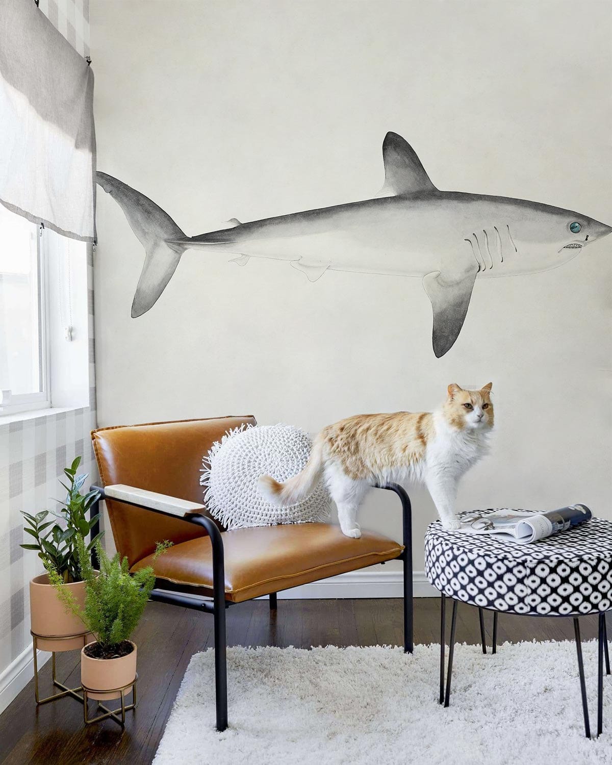 Elegant grey shark mural wallpaper, leather chair, cat on patterned ottoman, indoor plants, cosy living room.