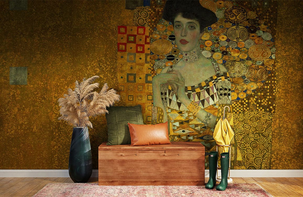 Luxurious Golden Art Nouveau Mural Wallpaper, elegant brown seating, abstract decor, wood flooring, modern aesthetic.