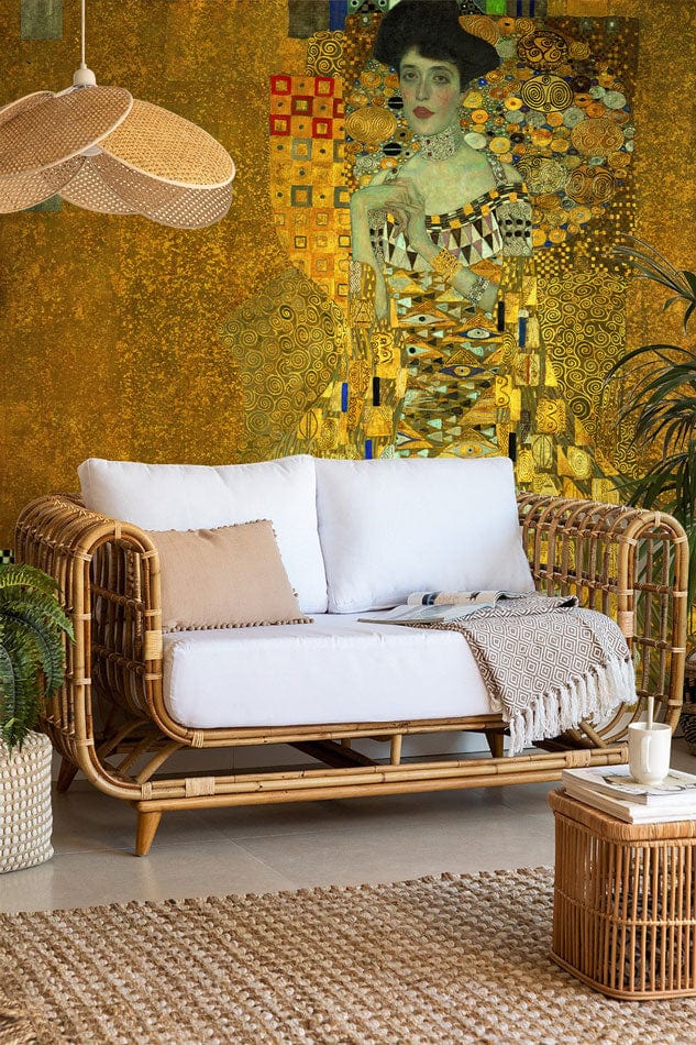 Luxurious golden art nouveau mural wallpaper, geometric patterns, white sofa, rattan furniture, modern room decor.
