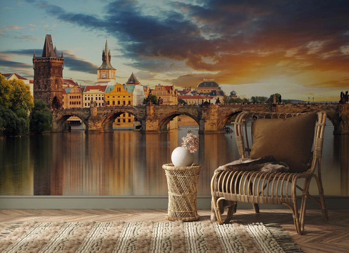 Elegant mural showcasing Prague cityscape, wicker chair, neutral decor, textured rug, cosy living room setting.