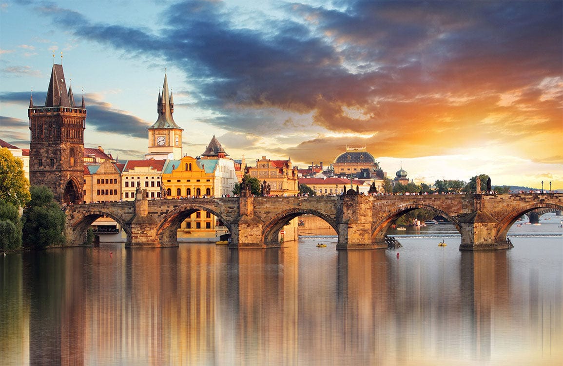Elegant Sunset Prague Cityscape Mural Wallpaper - Historic Bridge Scene