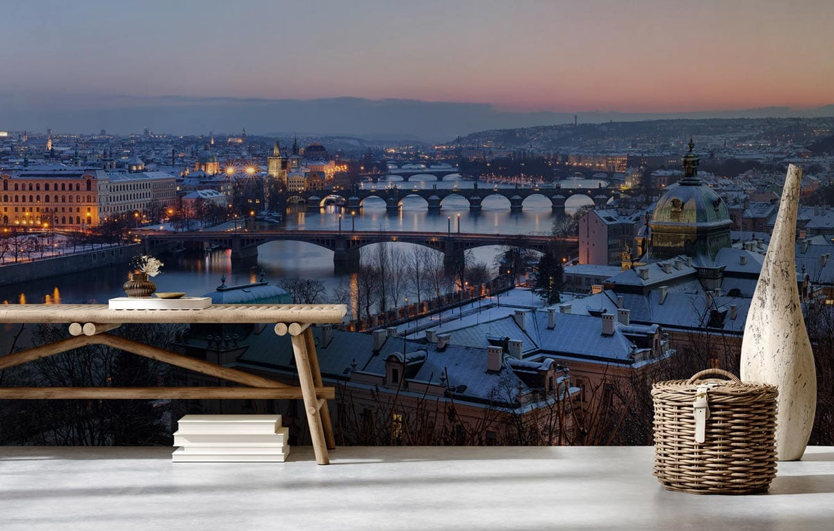 Scenic Prague cityscape mural in serene blue hues, rustic console table, neutral flooring, modern decor.