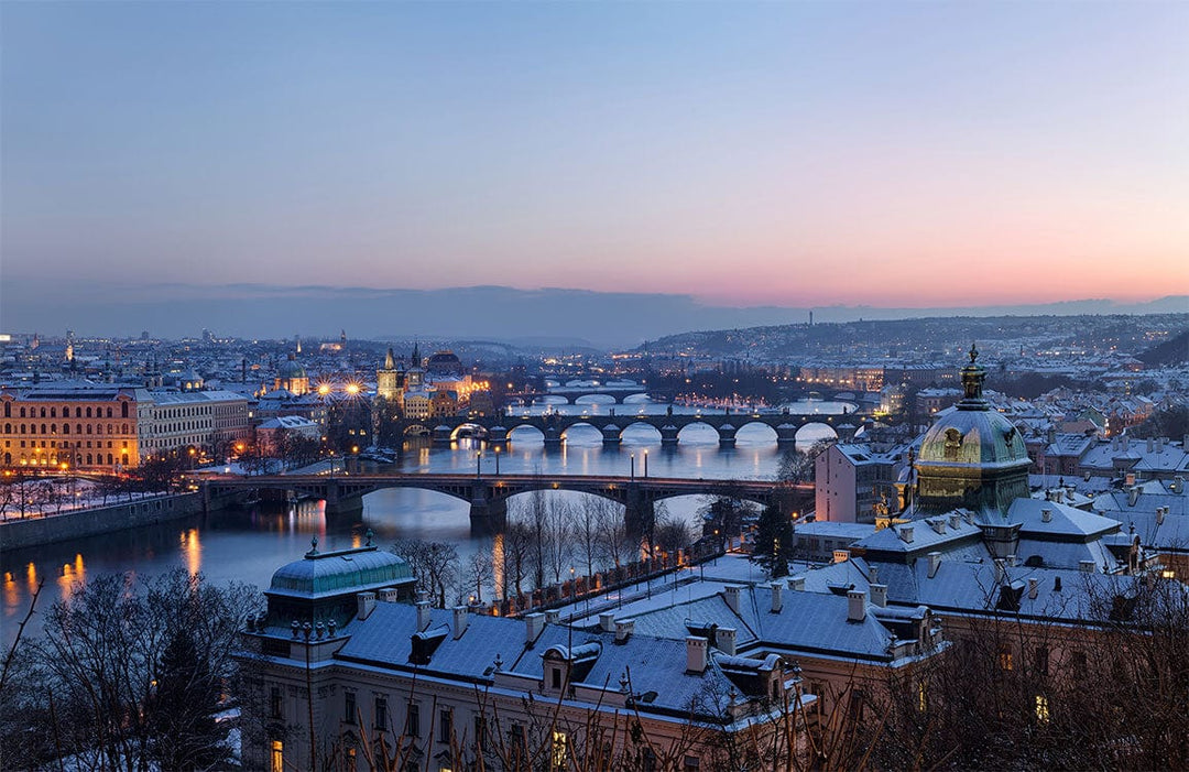 Scenic Prague Winter Twilight Cityscape Mural Wallpaper - Serene Blue Hues